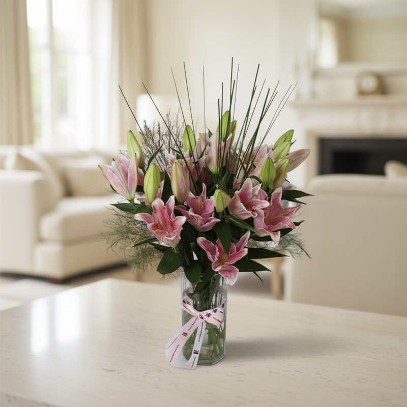 Fresh Oriental lily arrangement in elegant living room