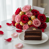 Close-up anniversary gift set – spray roses and Ferrero chocolates on marble