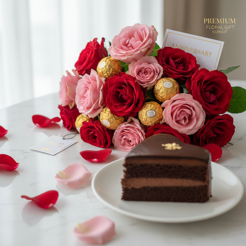 Close-up anniversary gift set – spray roses and Ferrero chocolates on marble