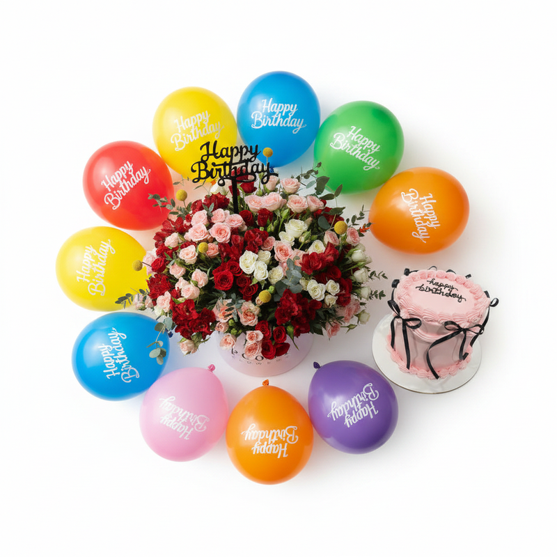 Red & Peach Flower Box Birthday Combo - Overhead Flat Lay