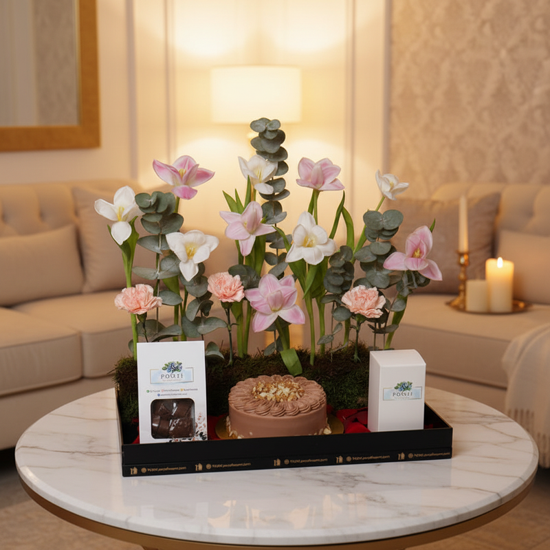 Tulip Flower Tray & Artisanal Cake Gift Set - lifestyle gifting scene