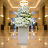 Elegant White Flower Stand — Hotel Lobby Setting