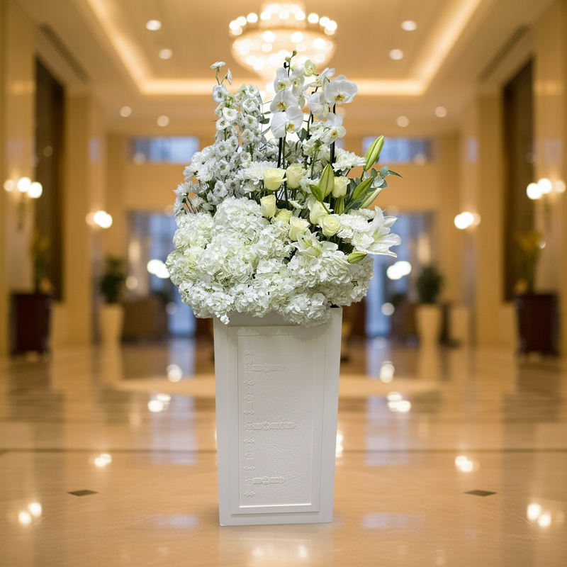 Elegant White Flower Stand — Hotel Lobby Setting