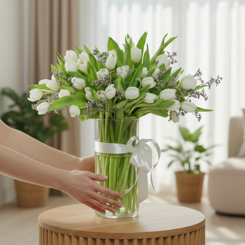 White tulip vase arrangement presented as a gift
