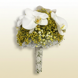Top-down view of yellow gypsophila and white Phalaenopsis orchid bridal bouquet