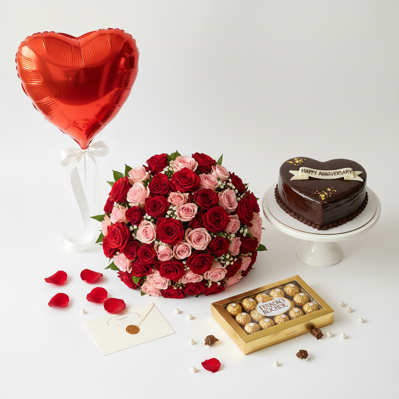 Anniversary gift set flat lay – roses, heart cake, Ferrero chocolates and love balloon