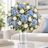 Blue hydrangea and white roses vase on living room table