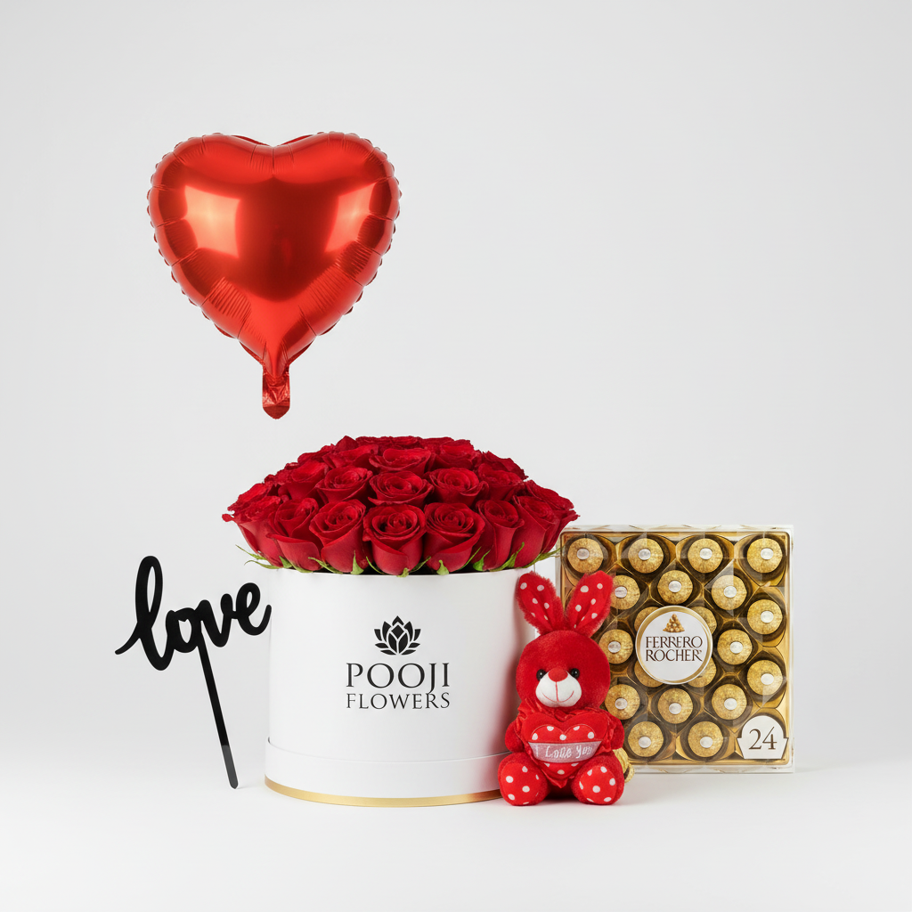 Midnight Romance Luxury Box with classic red roses flower box, love acrylic stick, Ferrero Rocher chocolates, teddy bear and love heart balloon