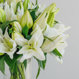 A close-up bouquet of white lilies with green leaves and buds arranged in a clear glass vase against a soft light gray background.