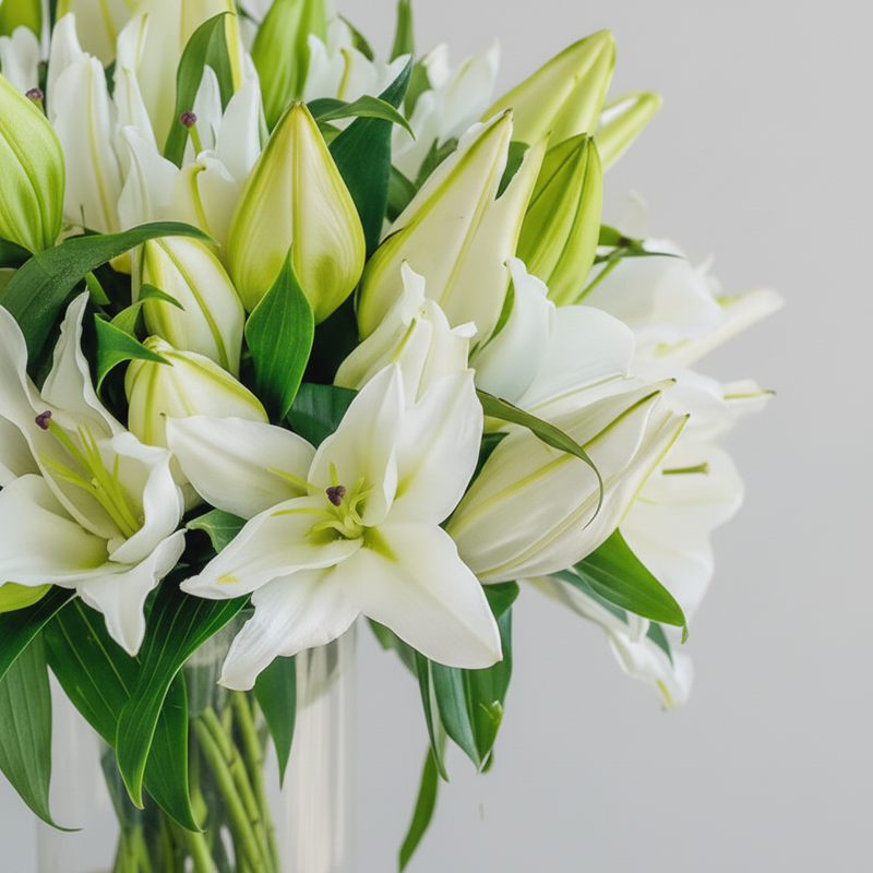A close-up bouquet of white lilies with green leaves and buds arranged in a clear glass vase against a soft light gray background.