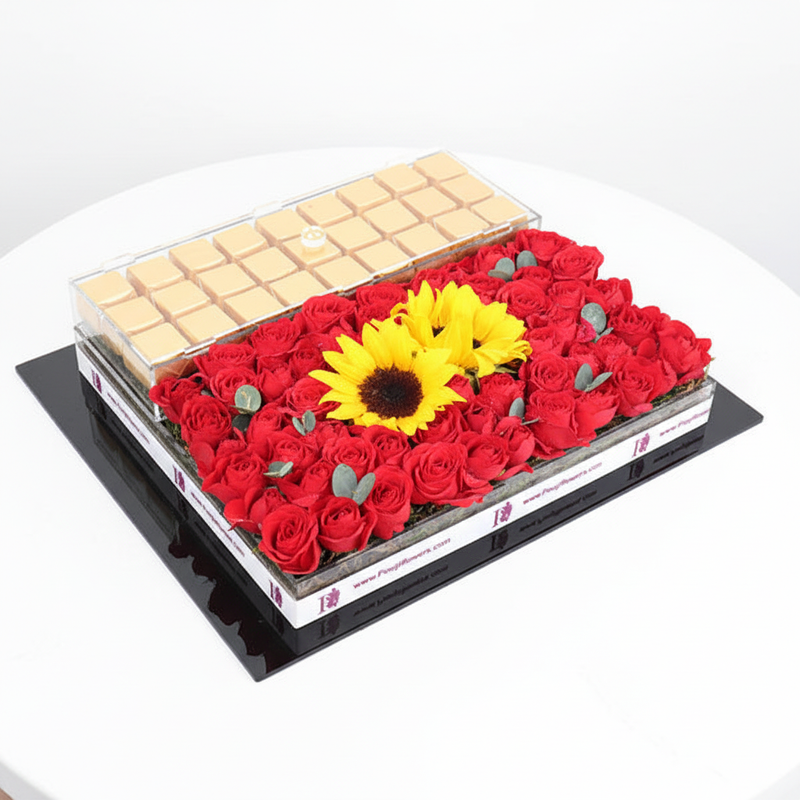 Alternate angle of gold chocolates tray with roses and sunflowers