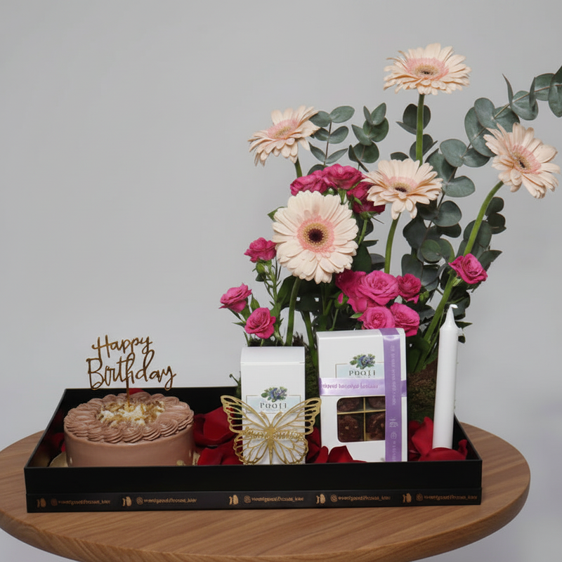 Birthday Cake & Flowers Tray Gift Combo with Balloons - Close-up