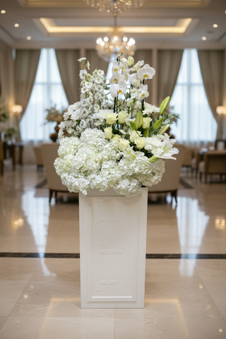 Elegant White Flower Stand with Hydrangeas and Roses — Luxury Interior Setting