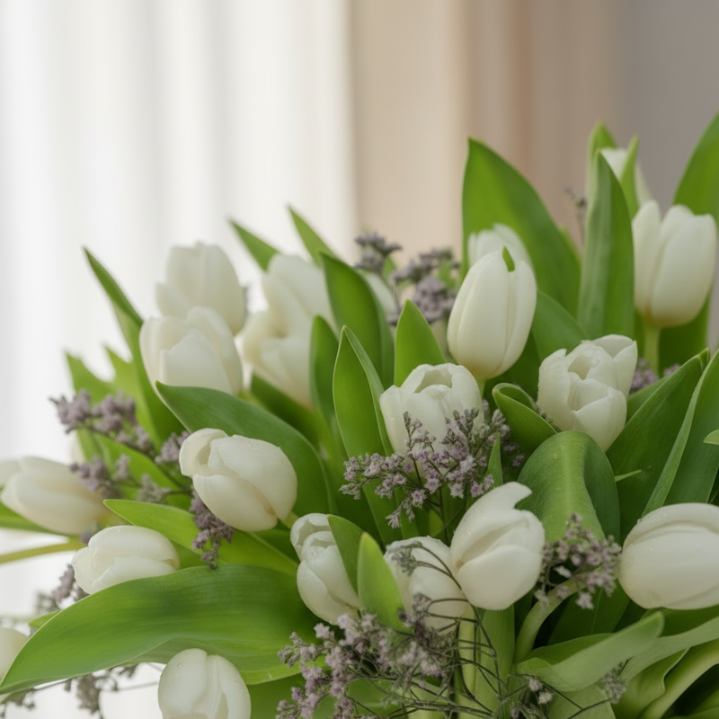 Close-up detail of fresh white tulips