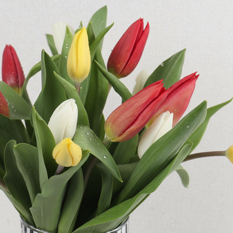 Close-up of red yellow and white tulips