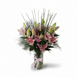 Alternate angle of fresh Oriental lily arrangement