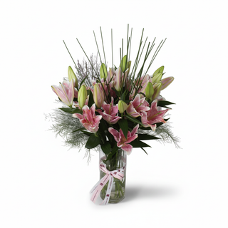 Alternate angle of fresh Oriental lily arrangement
