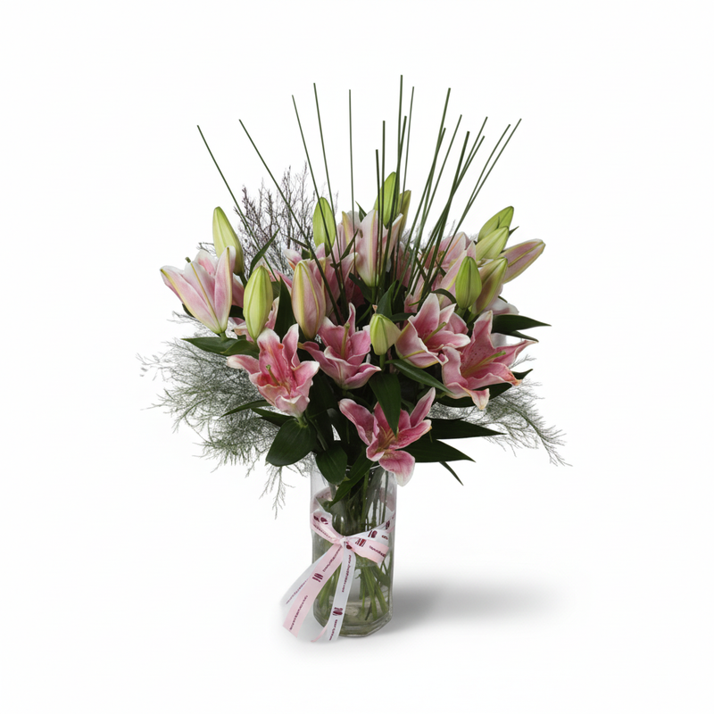 Alternate angle of fresh Oriental lily arrangement