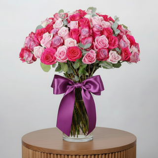 50 Long-Stem Blush Roses in Vase - close-up studio shot