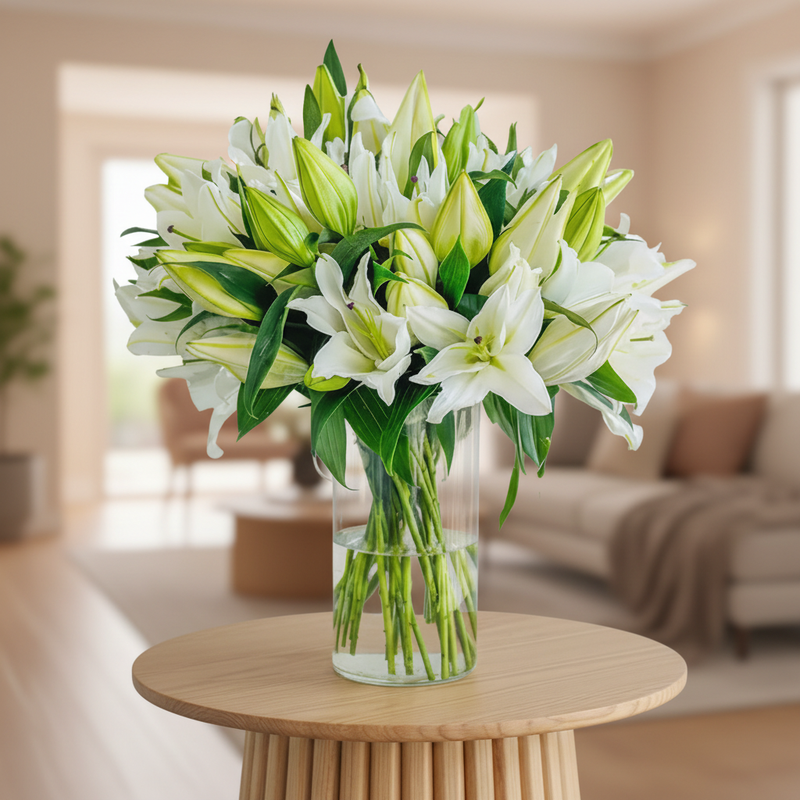A bouquet of white lilies with green stems and buds arranged in a clear glass vase, placed on a round wooden side table in a softly blurred living room setting.