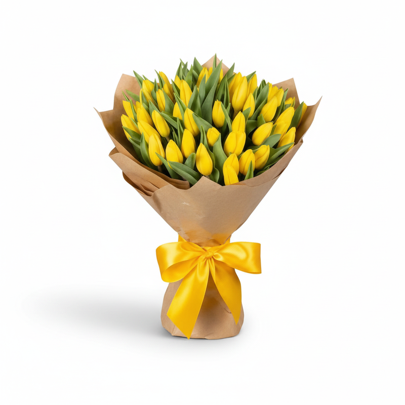 Alternate angle of yellow tulip hand bouquet