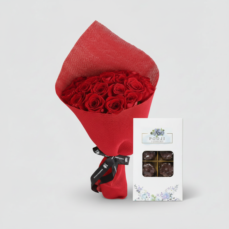 Three-quarter view of 25 premium red roses with a 16-piece chocolate box