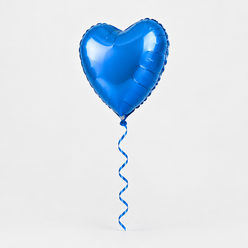Blue heart-shaped helium foil balloon shown from an angled side view