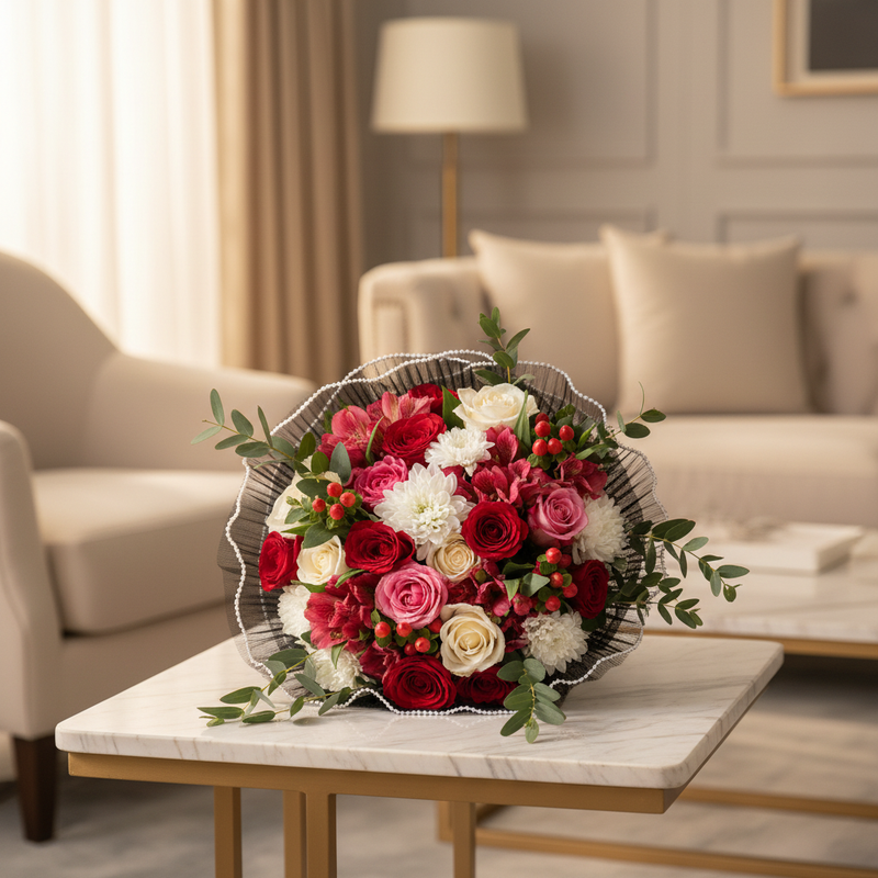 Fresh mixed Mother’s Day bouquet in elegant home