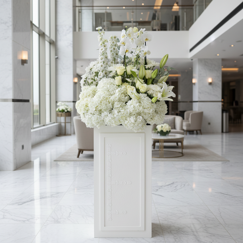 White Luxury Flower Stand – Modern luxury hotel lobby