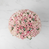 150 Long-Stem Pink Roses in Glass Vase - flat lay top-down