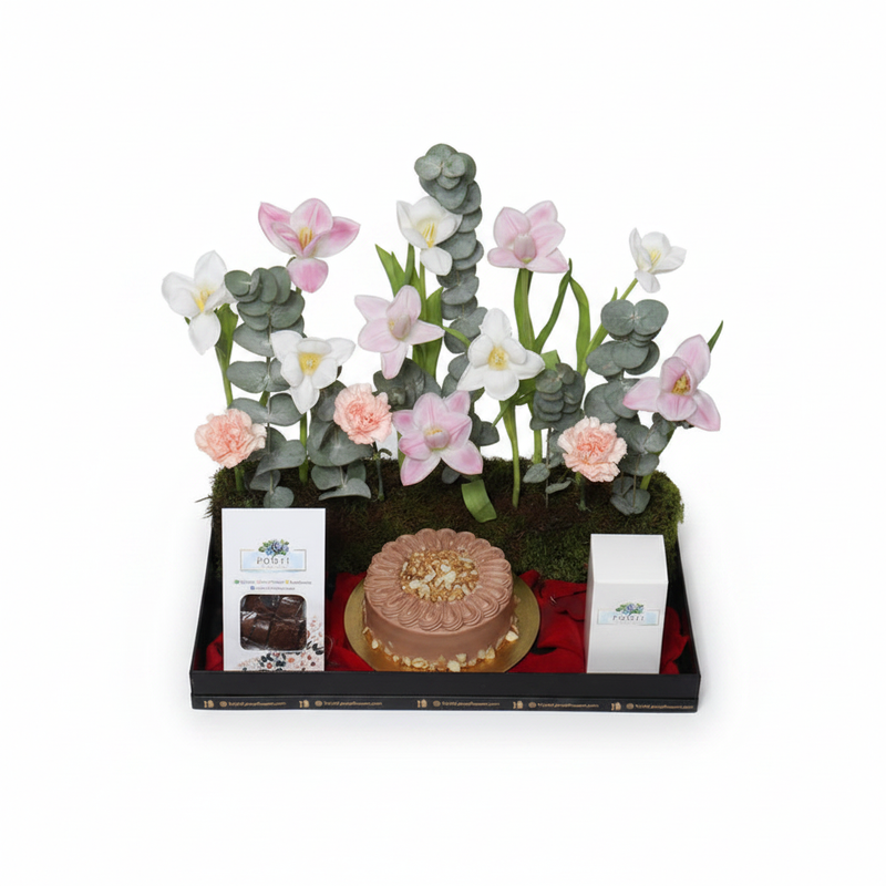 Tulip Flower Tray & Artisanal Cake Gift Set - flat lay top-down