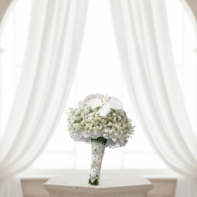 White gypsophila and Phalaenopsis orchid bridal bouquet in an elegant wedding setting