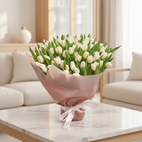 50 fresh white tulips bouquet in elegant home