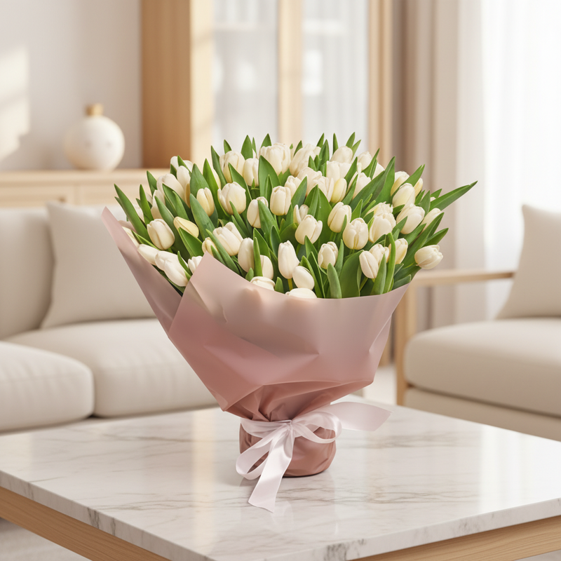 50 fresh white tulips bouquet in elegant home