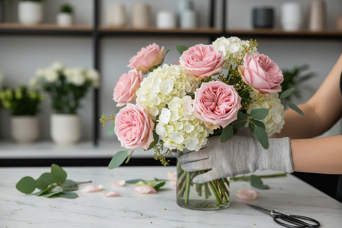 Blush hydrangea and garden roses