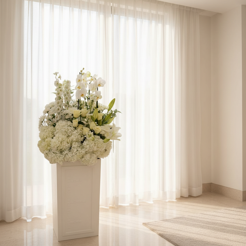 Elegant White Flower Stand — Natural Window Light
