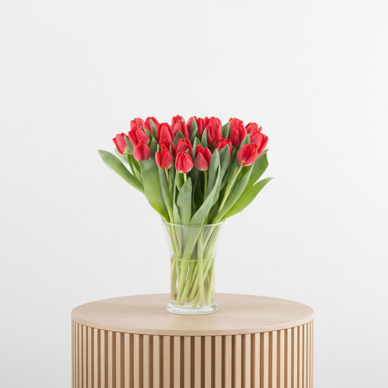 Alternate angle of 30 fresh red tulips in a vase