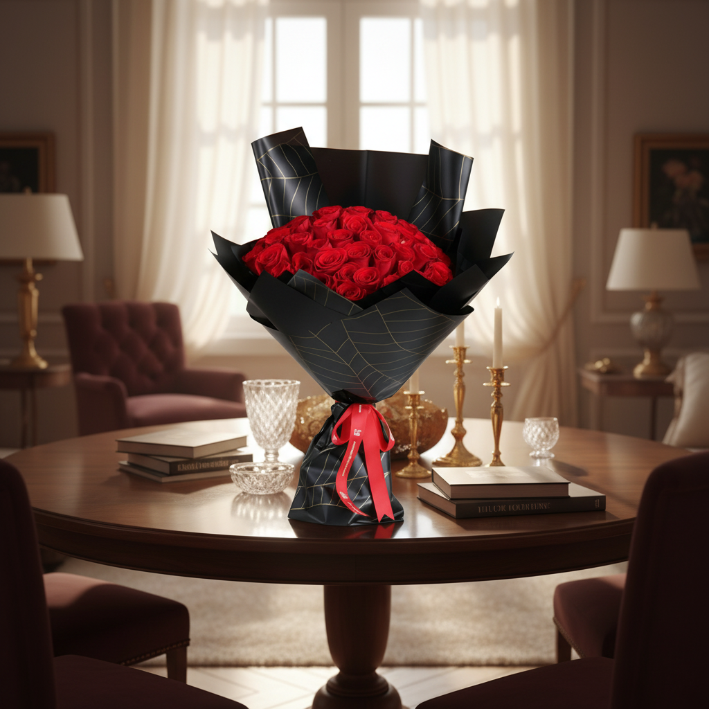 Lifestyle image of luxury red roses bouquet