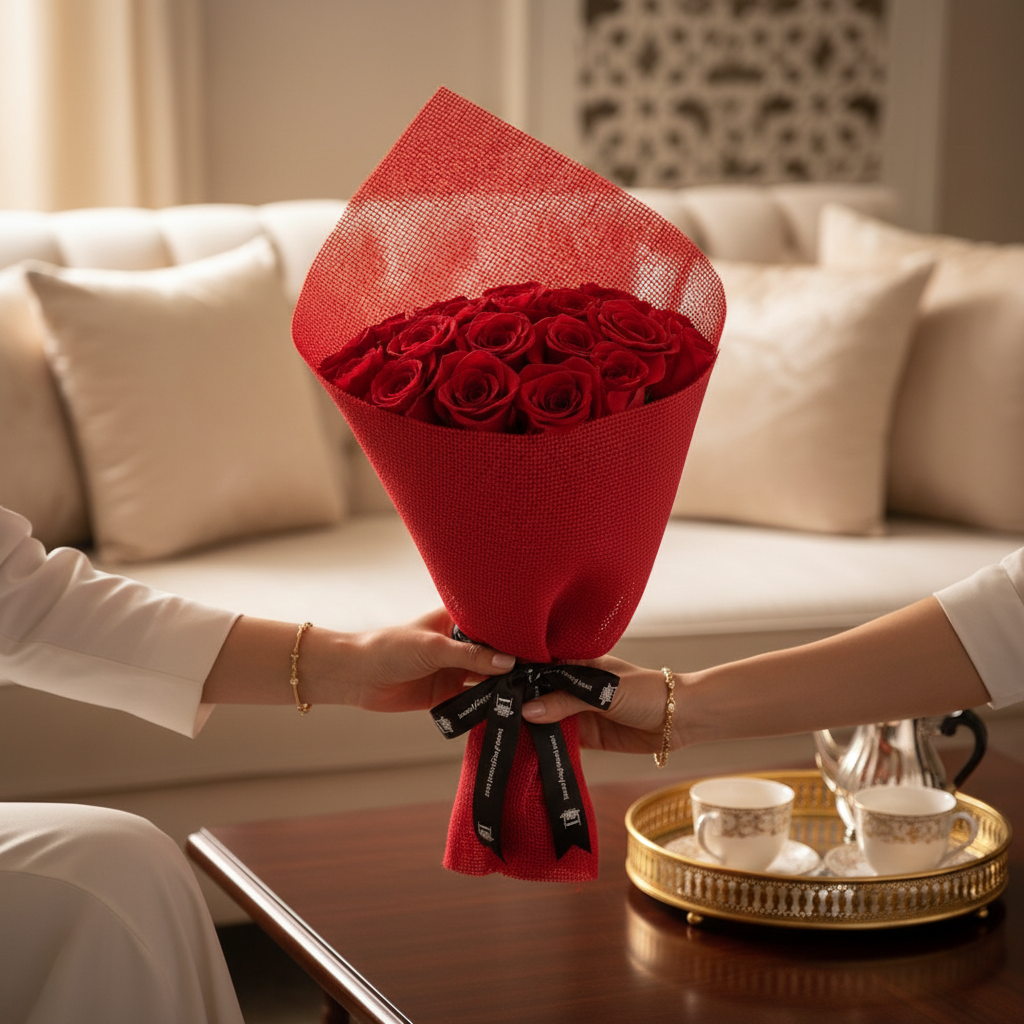 Lifestyle shot of red rose bouquet being presented