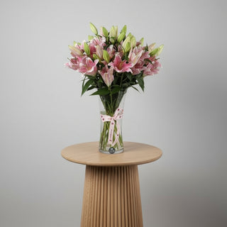 Lilliam Oriental flowers 7 pieces in a vase with pink ribbon accent, perfect for floral arrangements