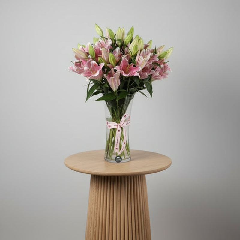 Lilliam Oriental flowers 7 pieces in a vase with pink ribbon accent, perfect for floral arrangements