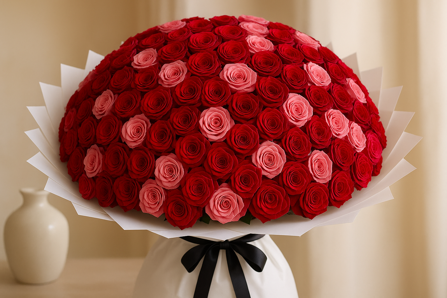 Luxurious bouquet of 200 red and pink roses