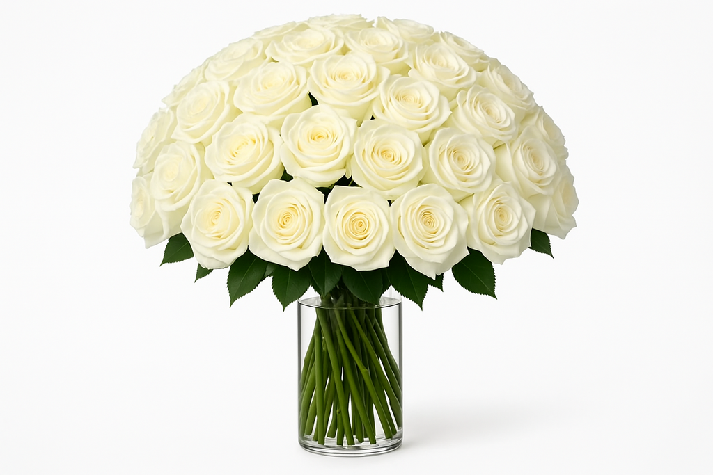 Bouquet of white roses in a clear vase on a white background