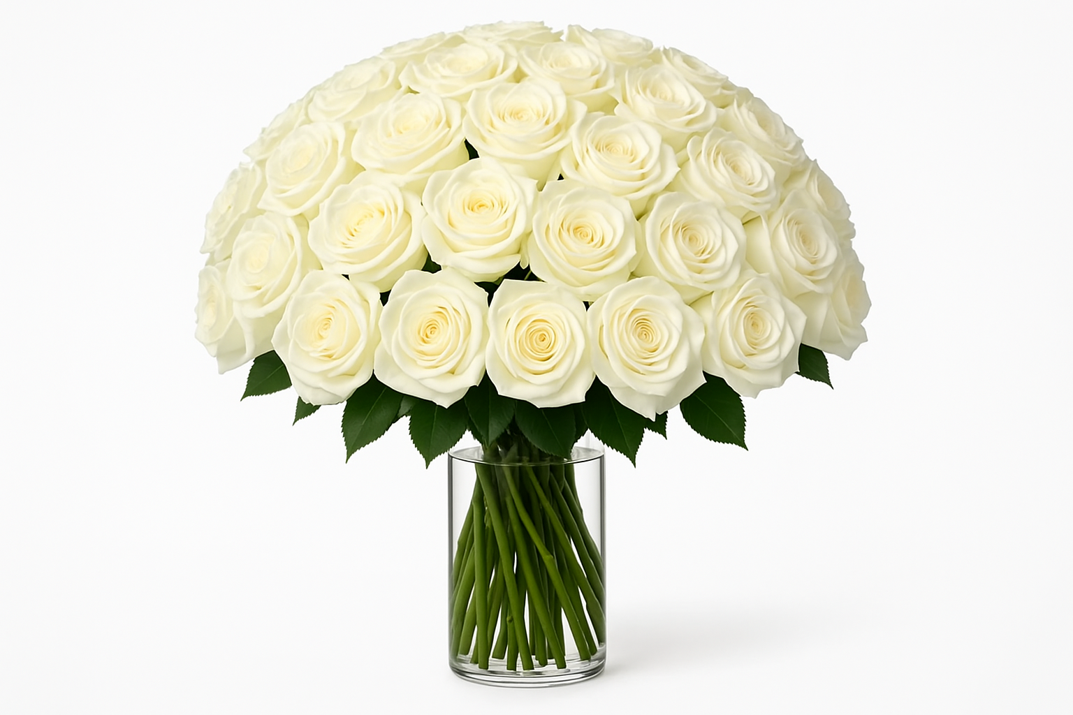 Bouquet of white roses in a clear vase on a white background