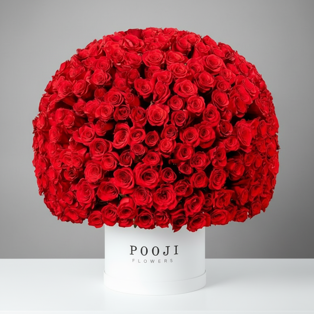 Luxury Red Rose Dome with Pooji Flowers Box