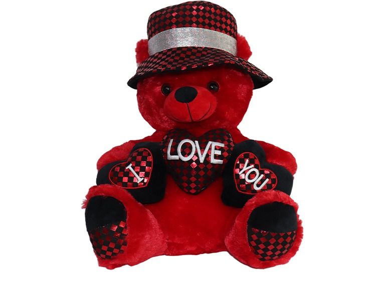 Red teddy bear with a top hat, heart-shaped 'I Love You' sign, and checkered shoes on a white background.