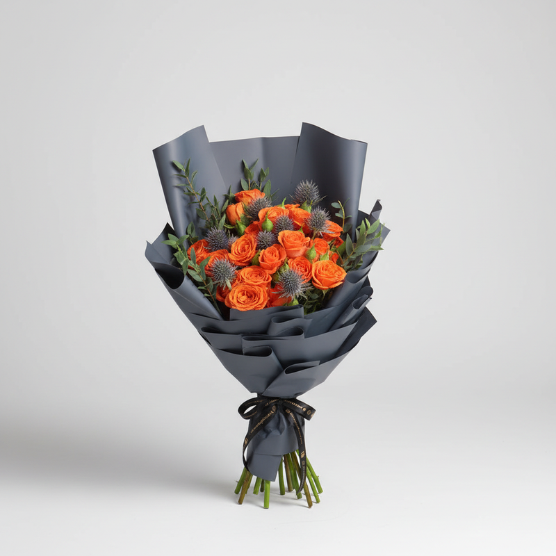 Orange mixed bouquet on light-gray background