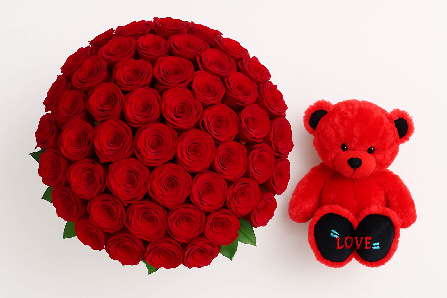 Overhead view of 100 roses arrangement