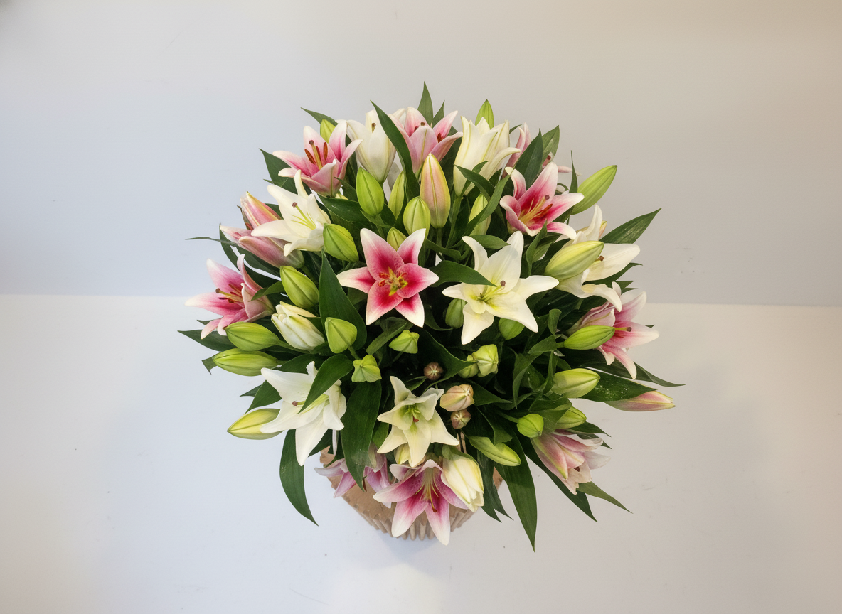 Pink and white lily bouquet overhead view