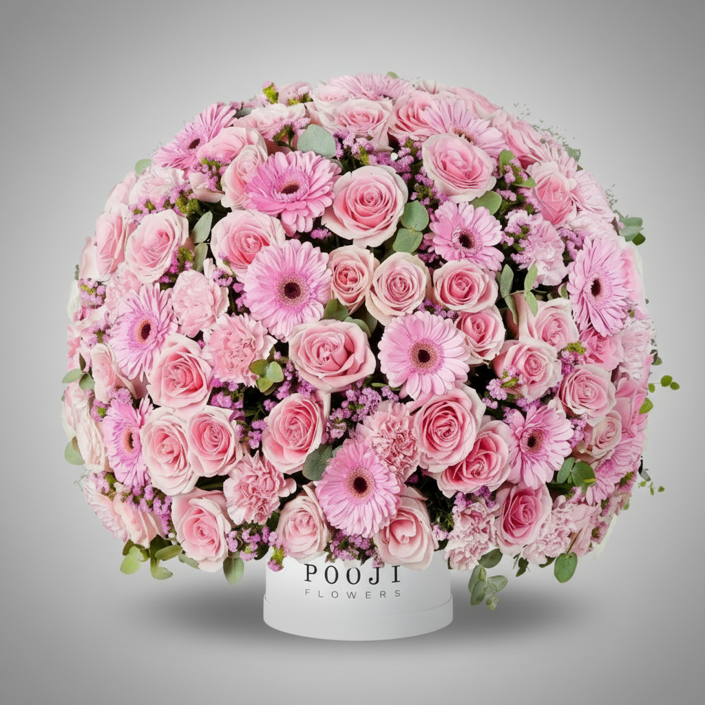 Pink Flower Dome with Pooji Flowers Branding